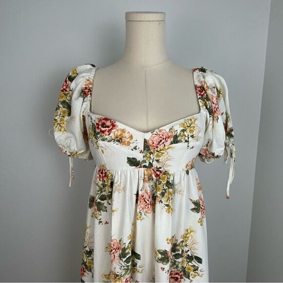 Aura Cream Floral Midi Dress Puff Sleeve Cottage Romantic Milkmaid Regency Sz S - Picture 9 of 10